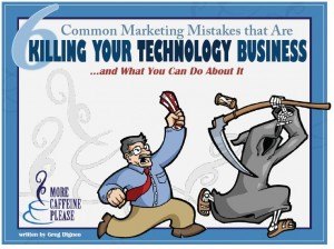The illustrated cover of the blog's technology marketing ebook, showing a businessman holding off a scythe-carrying figure